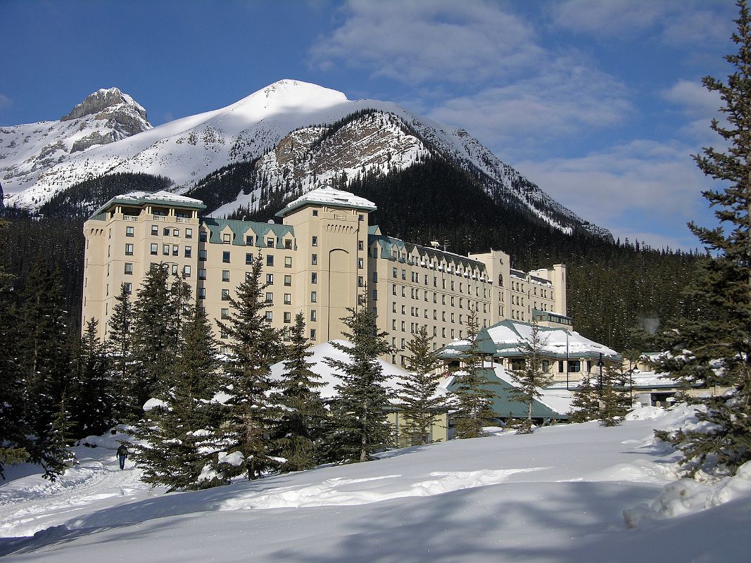 01A Chateau Lake Louise Front Side With Mount Niblock and Mount St Piran In Winter